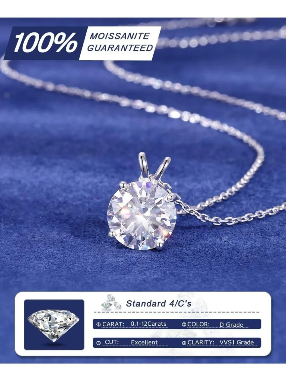 Dainty Moissanite Pendant Necklace 18K Gold Vermeil & Sterling Silver, 0.1-12